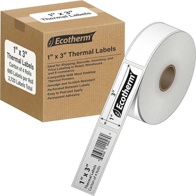 1" x 3" Thermal Labels | 4 Rolls | 2720 Labels | fits Zebra, Godex, Arkscan, iDPRT, Offnova Thermal Label Printers and More | Blank White Adhesive Stickers by Ecotherm
