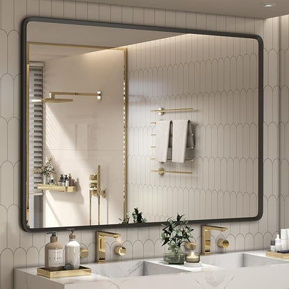 55x40 Inch Black Matte Framed Mirror for Bathroom, Rounded Rectangle Mirror, Bathroom Vanity Mirror for Wall, Anti-Rust, Shatterproof (Horizontal/Vertical)