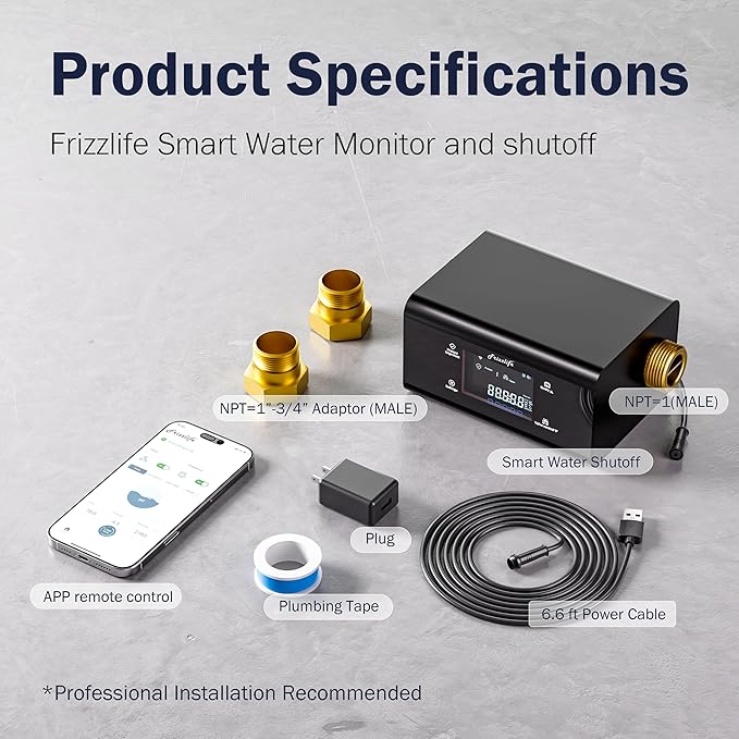 Frizzlife LP365 Smart Water Monitor and Automatic Shutoff - 0.01GPM Ultrasonic Micro Leak Detection, APP Wi-Fi Remote Control, Real-Time Flow/Temp Monitoring, 24/7 Water Usage Reports, 3/4" and 1"