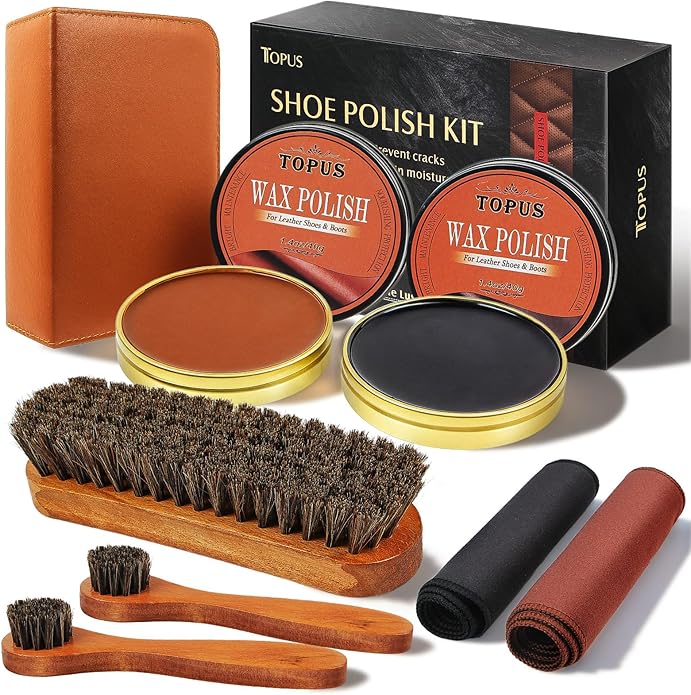 TOPUS Valentines Day Gifts Shoes Polish Kit, 3 Pieces Horsehair Brushes in 6.7in Handle, 1.4oz Black Brown Shoe Polisher
