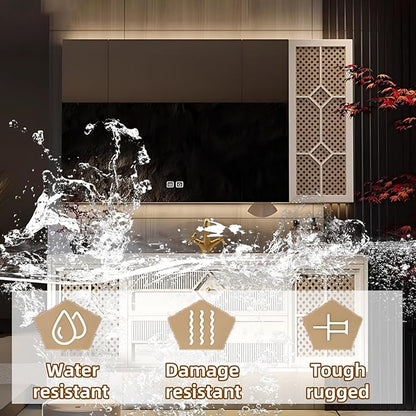 52IN Luxury Floating Bathroom Vanity - Single Sink Bathroom Vanities has Smart Defog Mirror & Slate Countertop | Woven Rattan Perforated Door Panel, LED Lights, 2 Drawers (Style B)