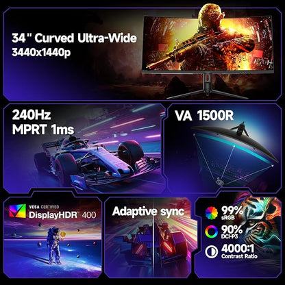 KOORUI 34 Inch 240Hz Ultrawide Curved Gaming Monitor 3440x1440P, 21:9 Display, 1500R Curvature. 1MS, PIP/PBP, Support Adaptive Sync, DP, HDMI, PS5,Vesa