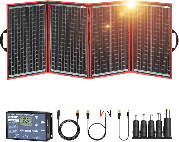 DOKIO 200W Portable Foldable Solar Panel Kit (20x27in, 9.7lb), with Separate Controller and Dual USB, Monocrystalline Charger for 12V Batteries & Power Stations, RV Camping Trailer Emergency Backup