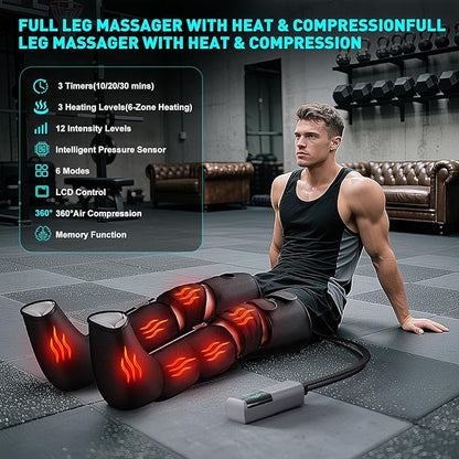 Leg Massager with Heat and Compression, Foot Massager for Circulation and Pain Relief, 3 Timers, 12 Intensity, 6 Modes,3 Heating with Knee Massager,Gift for Man Woman Parents,Black