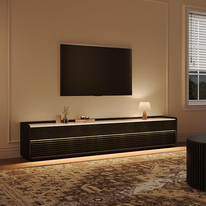 POVISON Fully-Assembled Mid Century Glossy Sintered Stone TV Stand, 94.49" Wood Media Console with Adjustable LED Light, Entertainment Center with Storage for Living Room