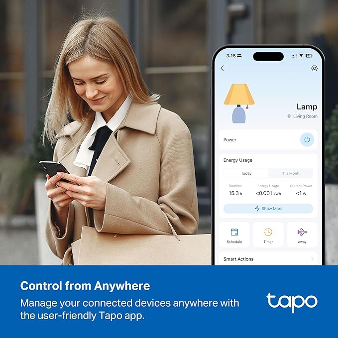 Tapo Smart Wi-Fi Power Strip- 6 Individually Controlled Smart Outlets and 3 USB Ports with Surge Protection, Matter, Works w/Alexa, Google Home, Siri, & Bixby, No Hub Needed, Tapo P316M