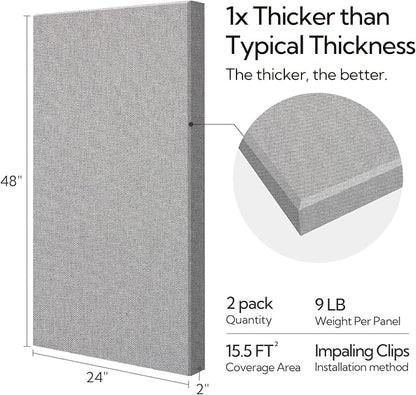 Olanglab Sound Absorbing Acoustic Wall Panels 2 Pack, 2'' 24''x48'' Fiberglass Sound Dampening Panels, Large Fabric Wrapped Sound Proof Panels for Walls (Light Gray)
