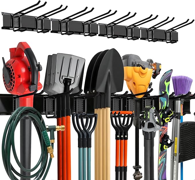 TIDYME Garage Wall Organizer | 64" Heavy-Duty Tool Storage Rack | Adjustable Double-Layer Hooks | 400 lbs Capacity | Carbon Steel Wall Mount Holder for Shovels, Rakes, Ladders & Power Tools