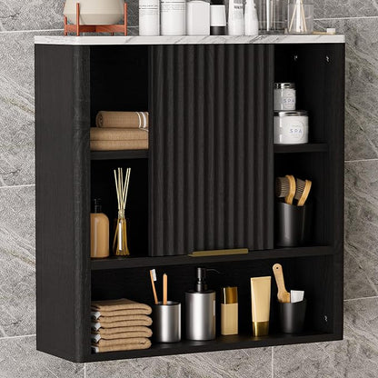 Bathroom Wall Cabinet, Fluted Medicine Cabinet with Adjustable Shelves, Wood Over The Toilet Storage Cabinet for Kitchen, Living Room, Laundry Room, Black