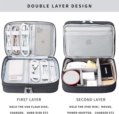 mygreen Electronics Travel Organizer, Watreproof Electronic Accessories Case Portable Double Layer Cable Storage Bag for Cord, Charger, Flash Drive, Phone, Ipad Mini, SD Card, Gifts for Him Black