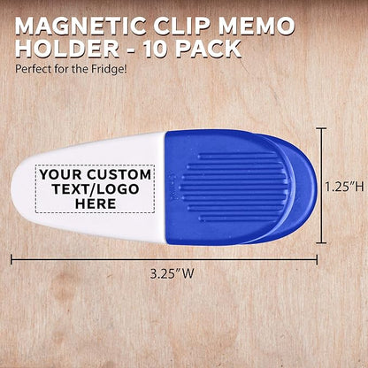 10 Magnetic Memo Holders Set - Customizable Text, Logo - Large Clip, Plastic - White Blue
