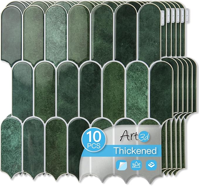 Art3d 12 x 12 Inch Heavy-Duty Peel and Stick Backsplash, Self-adhesive Wall Tiles for Kitchen Bathroom Decor, 10-Pack Dark Green