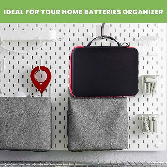 Battery Organizer Storage Holder Case Box with Tester Checker BT-168. Holds 225 Batteries AA AAA C D Cell 9V 3V Lithium (Red)
