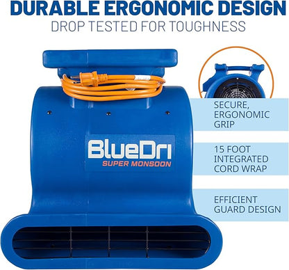 BlueDri Super Monsoon 1 HP, 4050 CFM Air Mover Blower Fan for Water Damage Restoration Carpet Dryer Floor Home and Plumbing Use, Blue, BD-SMNSN