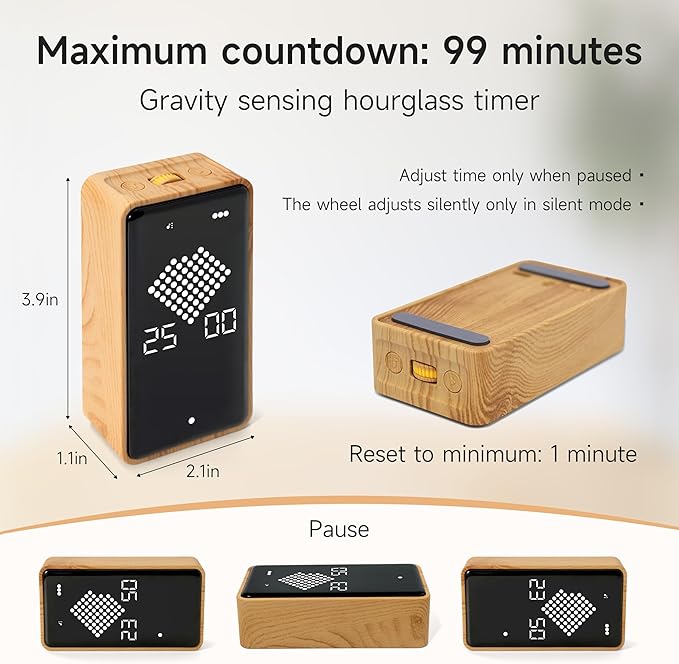 Digital Hourglass Timer, Rechargeable Magnetic Visual Timer with Large LED Display, Adjustable Volume for Classroom, Cooking, Fitness, Baking, Kids Learning & Teaching (Wood Grain Design)