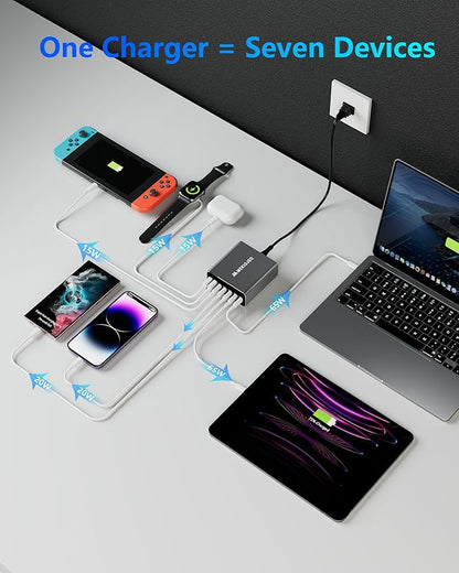 Aluminum Alloy 260W USB C Charger GaN Fast USB C Charging Station 7 Ports 65W Laptop Charger for MacBook Pro/Air/iPad Pro/iPhone (Gray)