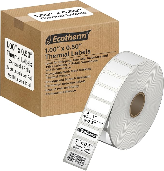 1" x .5" Thermal Labels | 4 Rolls | 9800 Labels | fits Zebra, Godex, Arkscan, iDPRT, Offnova Thermal Label Printers and More | Blank White Adhesive Stickers by Ecotherm