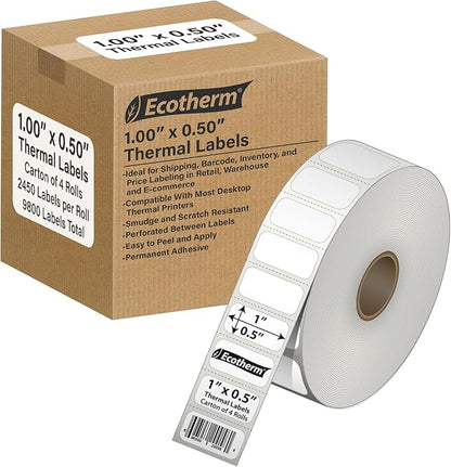 1" x .5" Thermal Labels | 4 Rolls | 9800 Labels | fits Zebra, Godex, Arkscan, iDPRT, Offnova Thermal Label Printers and More | Blank White Adhesive Stickers by Ecotherm