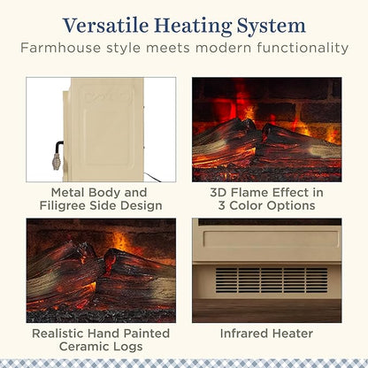 Country Living Infrared Freestanding Electric Fireplace Stove Heater in Cream | Multiple Flame Colors, Metal Design with Faux Wooden Logs | Alexa/WiFi Enabled - Remote Included