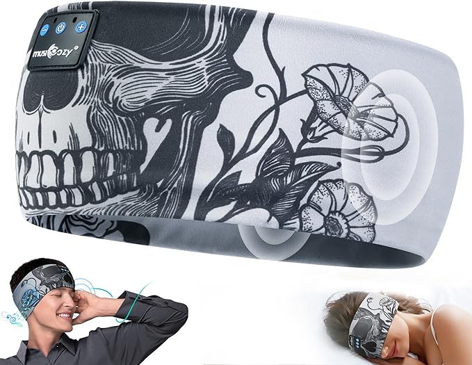 MUSICOZY Sleep Headphones Bluetooth Headband, Wireless Sleeping Headphones Music Sport Headbands, Long Time Play Sleeping Headsets Built-in Thin Speakers, Skulls Design for Sleeping Yoga