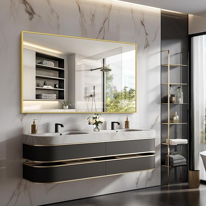 Gold Bathroom Mirror for Wall, 60x36 Inch Rectangle Mirrors with Metal Frame, Modern Vanity Wall Mirror Decor for Bathroom Living Room, Entryway Hangs Horizontal or Vertical