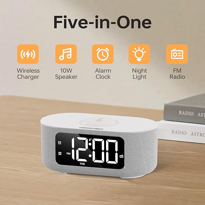 JALL Fabric Alarm Clock for Bedroom, with Big Led Screen Display, Bluetooth Stereo Sound Speaker, FM Radio, Fast Wireless Charging, USB Charging Port, Nightlight, White Noise, Ideal for Gift, Gray