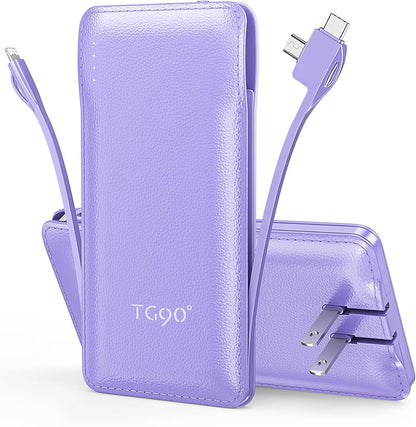 TG90° Portable Charger,10000mAh Power Bank Built-in Cables and AC Wall Plug,USB C Portable Bank,Travel Essentials Phone Charger Compact External Battery Pack Compatible with iPhones,iPad, Samsung