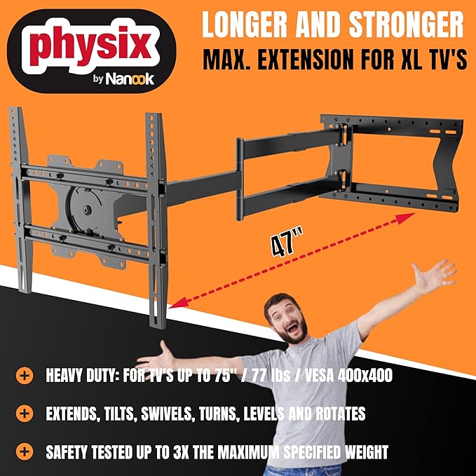 Physix 2120 Long arm TV Wall Mount for 32-75 inch Screens | Extra Long Extension up to 47 inch | Heavy-Duty TV Mount Holds up to 77 lbs | Full-Motion, swivels up to 180° | Max. VESA 400x400