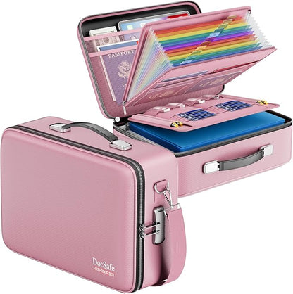 DocSafe Fireproof Document Box with Lock, Hard Case File Organizer with Accordion File Folder, Fireproof Water Resistant Safe Box Home Office Travel Storage for Important Documents Laptop Pink