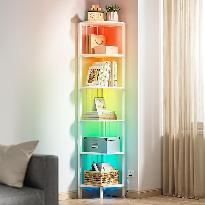 MonaSixy 6 Tier Corner Shelf with Light, Music Synic 60000 DIY LED Color Smart Remote Tall Display Shelves Corner Shelf Stand Bookshelf Wood Rack Metal Frame for Living Game Room Bedroom, White