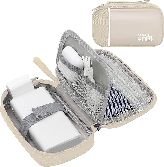 Electronics Organizer,Travel Cord Organizer Pouch, Portable Cable Organizer Bags, Waterproof Electronic Accessories Storage Case for Cables, Cords, Charger, Phone (Single Layer-Small-Beige)