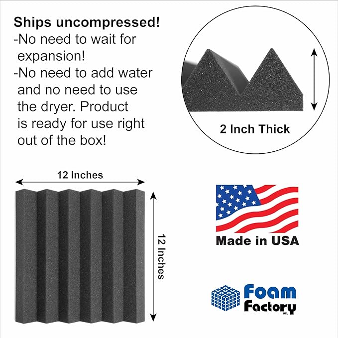 Foam Factory Inc 24 Pack Color Acoustic Foam Panel Studio Soundproofing Wedge Wall Tiles 12” X 12” X 2” (Charcoal)