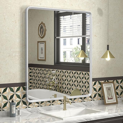 30x36 Inch Silver Bathroom Mirror, Brushed Silver Metal Frame Mirror, Rounded Rectangle Bathroom Vanity Mirror, Shatterproof, Anti-Rust (Horizontal/Vertical)