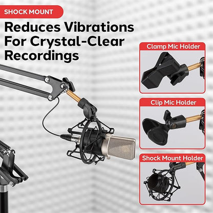 Pyle Microphone Boom Suspension Stand - Scissor Arm Mic Mount w/Shock Mount, Integrated Pop Filter, 3.1' ft. Max Extension, Suitable for Podcast Recording, Broadcasting, Streaming, Stage & Studio Use