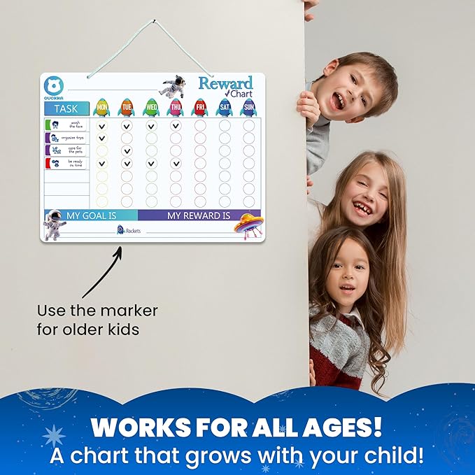 QUOKKA Magnetic Behavior Chore Chart for Kids at Home - Blue Reward Visual Schedule Chart - Dry and Erase Routine and Responsibility - Use 99 Magnets Markers Stickers - from Toddlers to Teens