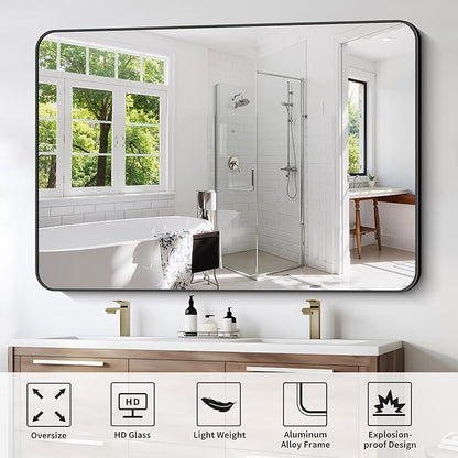 FORBATH Large Bathroom Mirror 60" x 40", Black Rectangle Metal Framed Rounded Corner Wide Wall Mounted Mirror for Bathroom Bedroom Entryway Decor(Horizontal/Vertical)