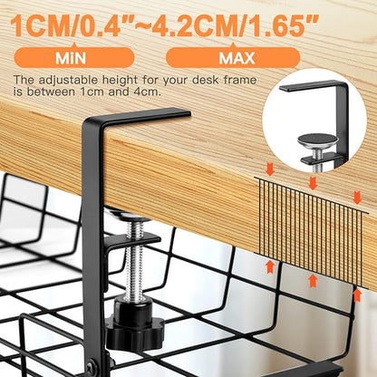 NoDrill 2 Pack 15.7" Under Desk Cable Management Tray, Sturdy Metal Cord Organizer for Office & Home Standing Desk