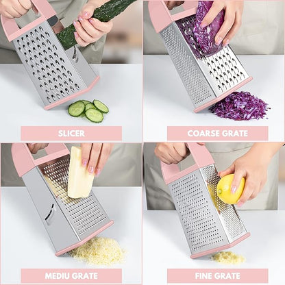 Urbanstrive Cheese Grater With Container, Professional Cheese Grater with Handle, Stainless Steel Graters for Kitchen Handheld, Box Grater with 4 Sides for Vegetables, Ginger, Potatoes (Pink)
