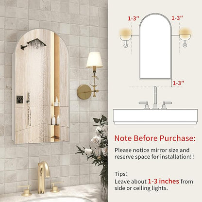 Silver Medicine Cabinet with Arched Mirror, Left or Right Opening, Mirrored Medicine Cabinet Wall Mounted, Bathroom Vanity Mirror with Storage, Adjustable Shelves, Not Recessed, 16x32 inch
