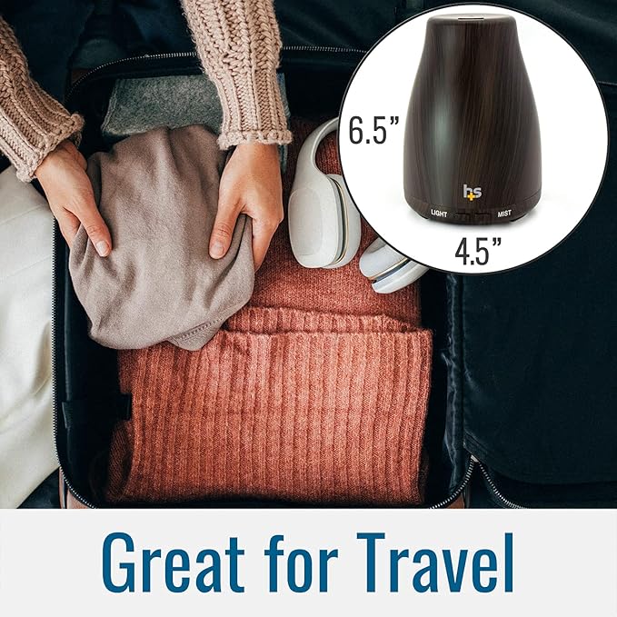 HealthSmart Essential Oil Diffuser, Cool Mist Humidifier and Aromatherapy Diffuser with 150ML Tank Ideal for Small Rooms, Adjustable Timer and Mist Mode, Wood Grain Brown