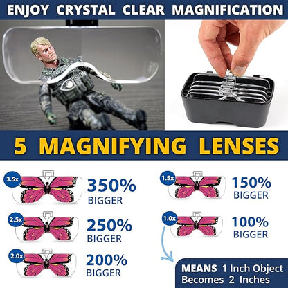 Vision Aid Magnifying Glasses with LED Light, 5 Lenses, Headband, Storage Case | Hands Free Lighted Head Mount Magnifier for Hobby Crafts Macular Degeneration Cross Stitch Diamond Painting Close Work
