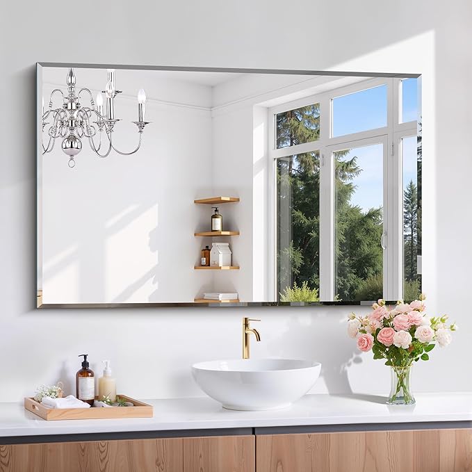 CILIBER Beveled Bathroom Mirror, 30x48 Large Frameless Mirrors for Over Sink, Upgraded Shatterproof Beveled Frameless Vanity Mirror for Bedroom, Living Room and Entryway (Horizontal/Vertical)