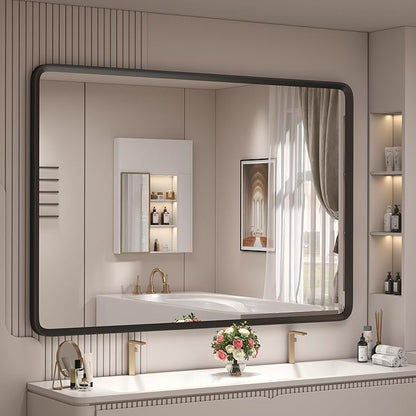 44x30 Inch Black Matte Framed Mirror for Bathroom, Rounded Rectangle Mirror, Bathroom Vanity Mirror for Wall, Anti-Rust, Shatterproof (Horizontal/Vertical)