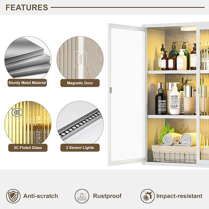 Bathroom Wall Cabinet Over Toilet, Metal Laundry Room Cabinets Wall Mounted, Metal Medicine Cabinets with Glass Doors, Hanging Wall Cabinets for Living Room, White