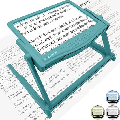 MAGNIPROS 5X Large LED Full Page Magnifying Glass w/Collapsible Hands-Free Stand & 3 Color Light Modes to Reduce Eye Strain-Ideal Reading Small Prints, Crafting, Low Vision & Seniors