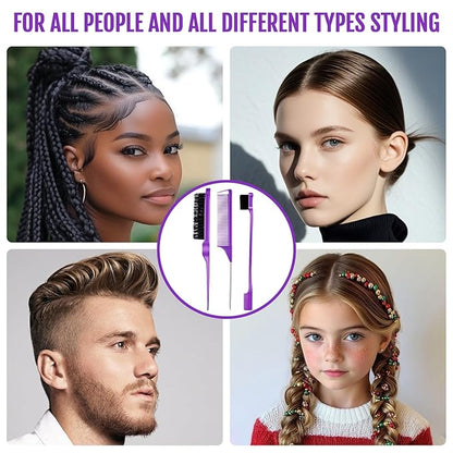 3 Pieces Hair Styling Comb Set Teasing Brush Rat Tail Comb Edge Brush for Edge&Back Brushing, Combing, Slicking Hair for Women (Purple)