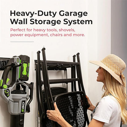 TIDYME Heavy-Duty Garage Wall Storage System | Wall Mounted Tool Organizer Rack with Shelving | 10-Piece Mounting Kit | Includes 4x10” Double-Layered Hooks & 2x16.5” Floating Utility Shelves