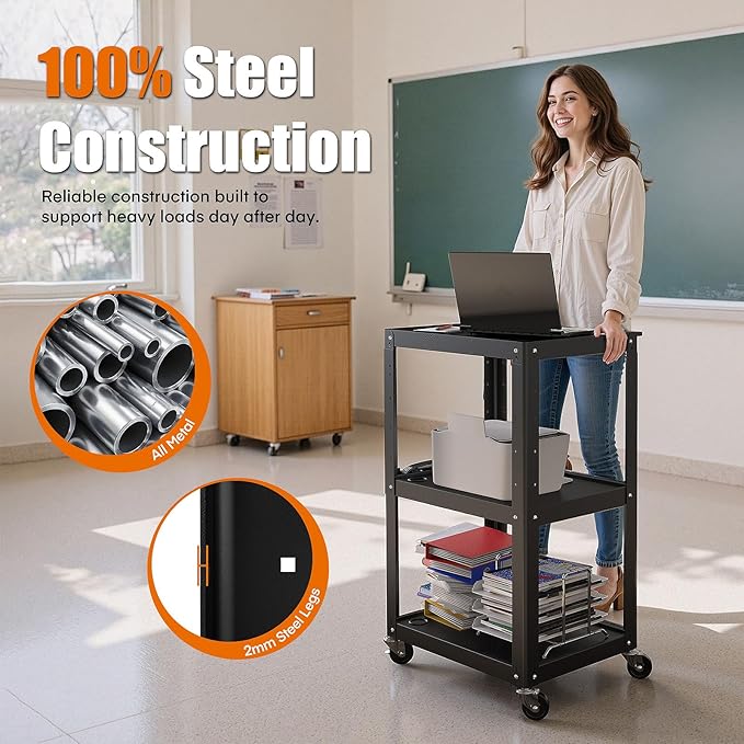 3 Shelf Metal Utility Cart - Durable Computer Cart on Wheels with Power Strip,Height Adjustable AV Presentation Cart Stand for Movie Projector,TV and Laptop Computers,Easy to Assemble, Black