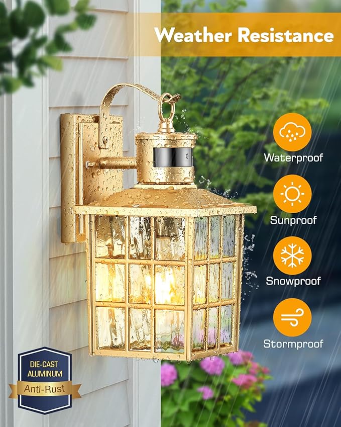 VIANIS Porch Lights Outdoor, Gold Outdoor Garage Lights Wall Mount, Modern Outside Motion Sensor Lights for House, Exterior Lantern Light Fixtures, Exterior Lamps LED Wall Sconce Lighting
