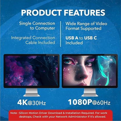 OREI SplitExtend HDMI Splitter Extended Display for Dual Monitor - Multi-Monitor Display 3 Separate Screens - USB A & USB-C Adapter to HDMI 2.0, 4K@30Hz Output 1, 1080p Output 2 for Windows, Mac OS G